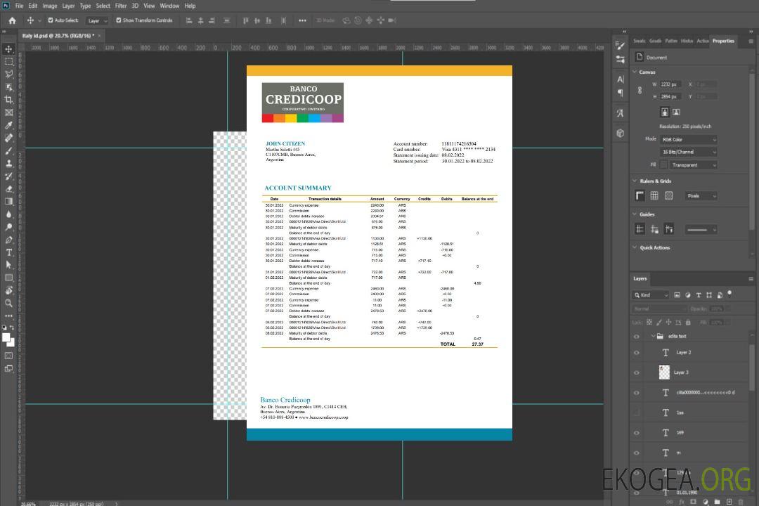 Relevé bancaire Argentine Banco Credicoop template Relevé bancaire Argentine Banco Credicoop template
